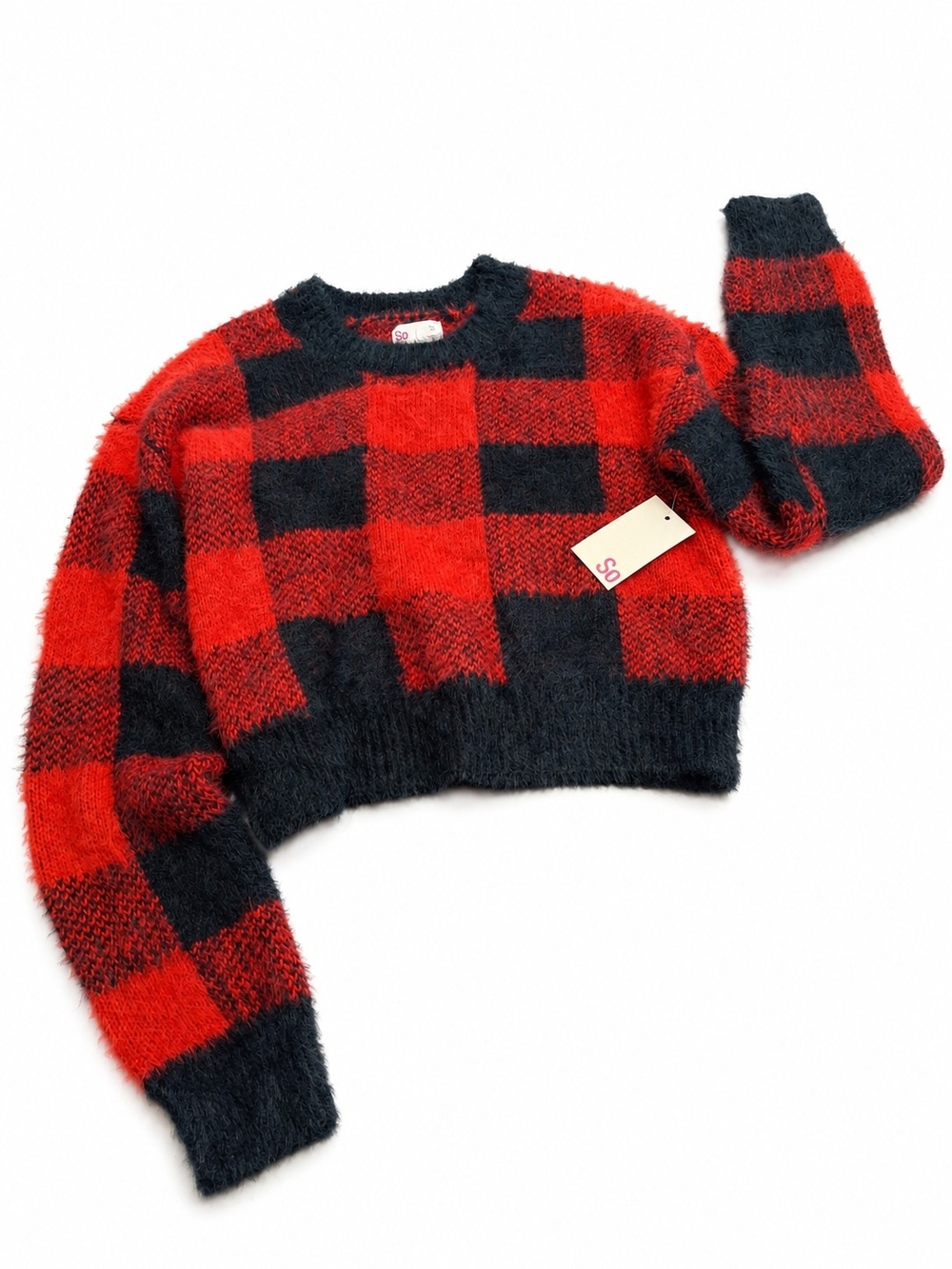 SO Red & Black Buffalo-Check Cropped Crewneck Sweater